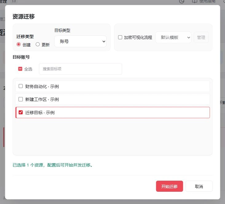 当前资源迁移弹窗：迁移类型、目标类型、可视化流程选项与目标账号列表