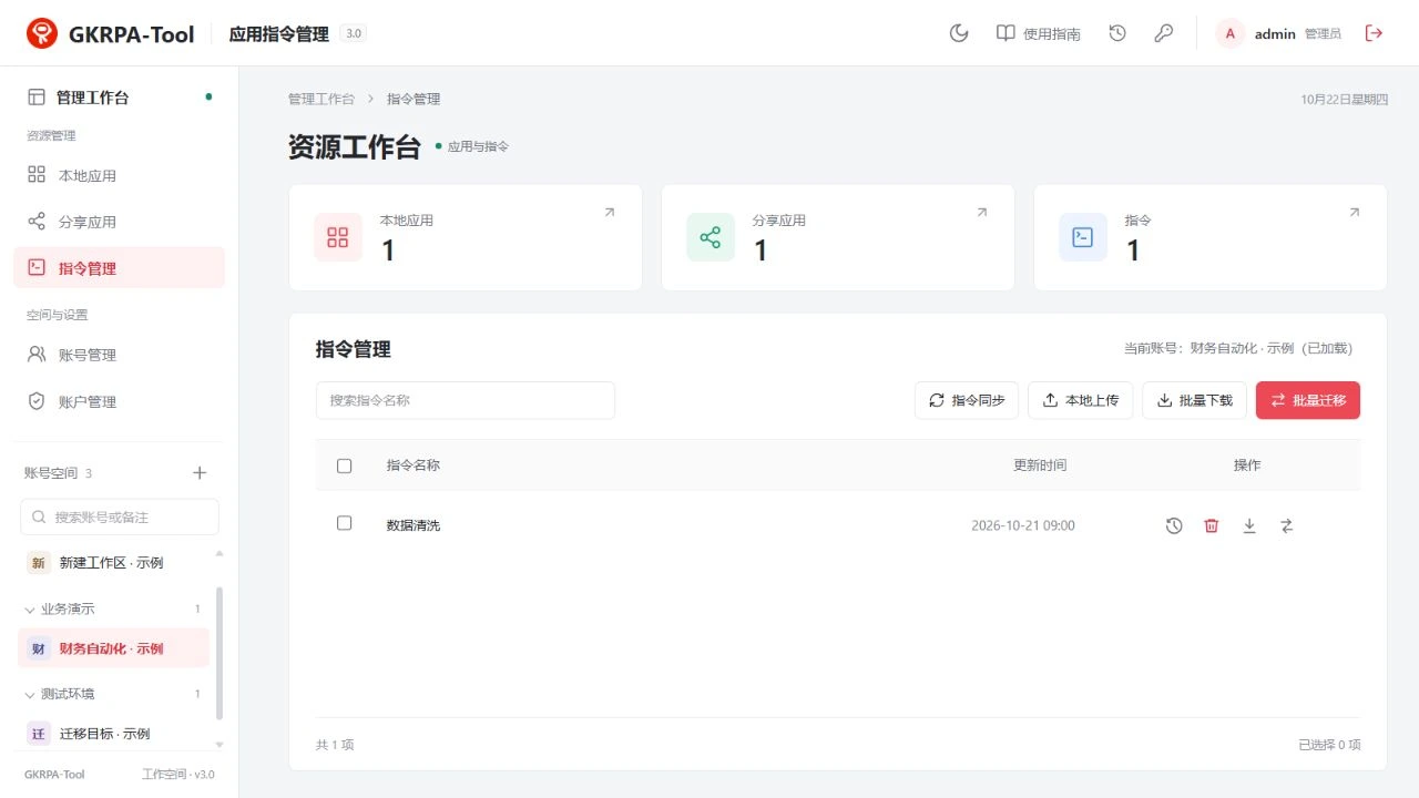 当前指令管理：指令同步、指令名称、更新时间与操作列